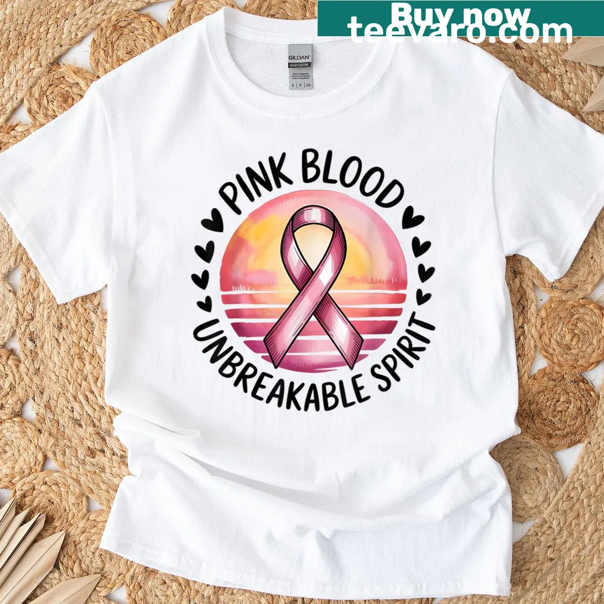Cartoon-style T-shirt with pink ribbon and 'Unbreakable Spirit' text — on a men's t-shirt