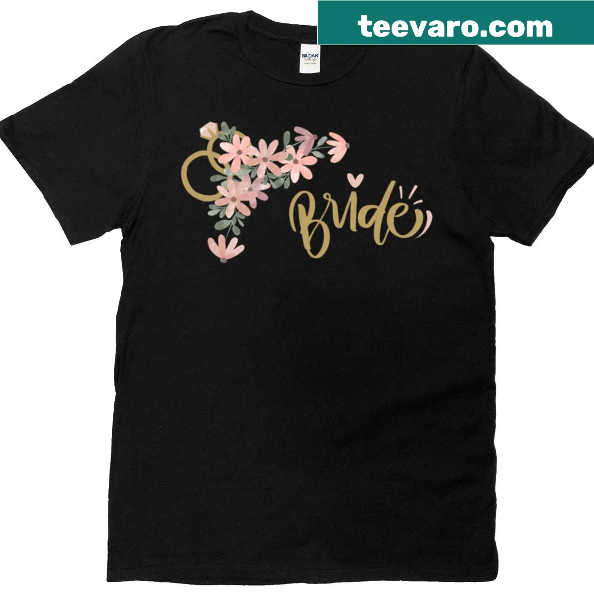 Bride T-shirt with pink floral design — on a men's t-shirt