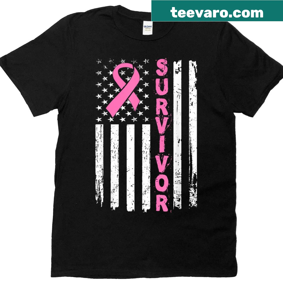 T-shirt featuring a pink ribbon and American flag design for breast cancer awareness — on a men's t-shirt