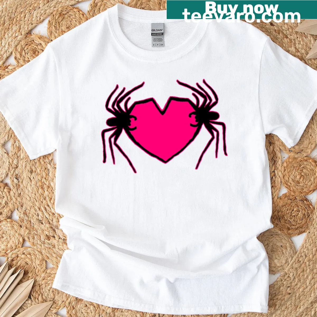 Cartoon heart design made of pink spiders on a t-shirt — on a men's t-shirt