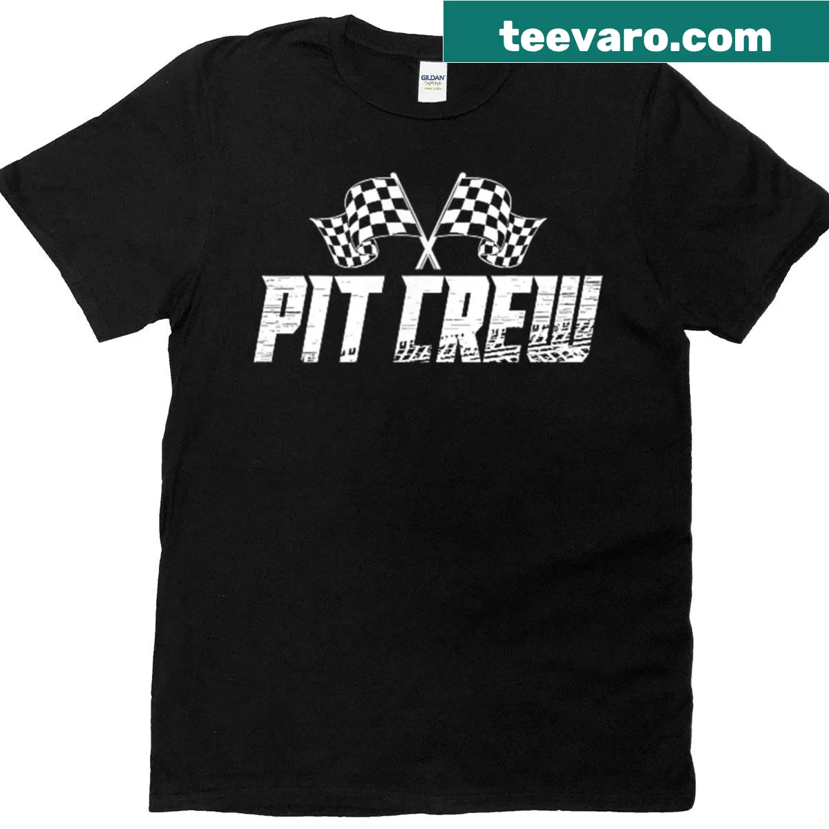 Pit Crew T-shirt featuring a race car image — on a men's t-shirt