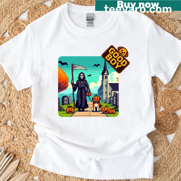 Pixel art design featuring Grim Reaper, pumpkin, and dog for Halloween