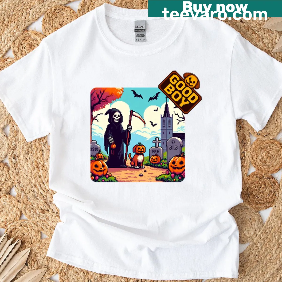 Pixel art grim reaper with dog Halloween t-shirt — on a men's t-shirt