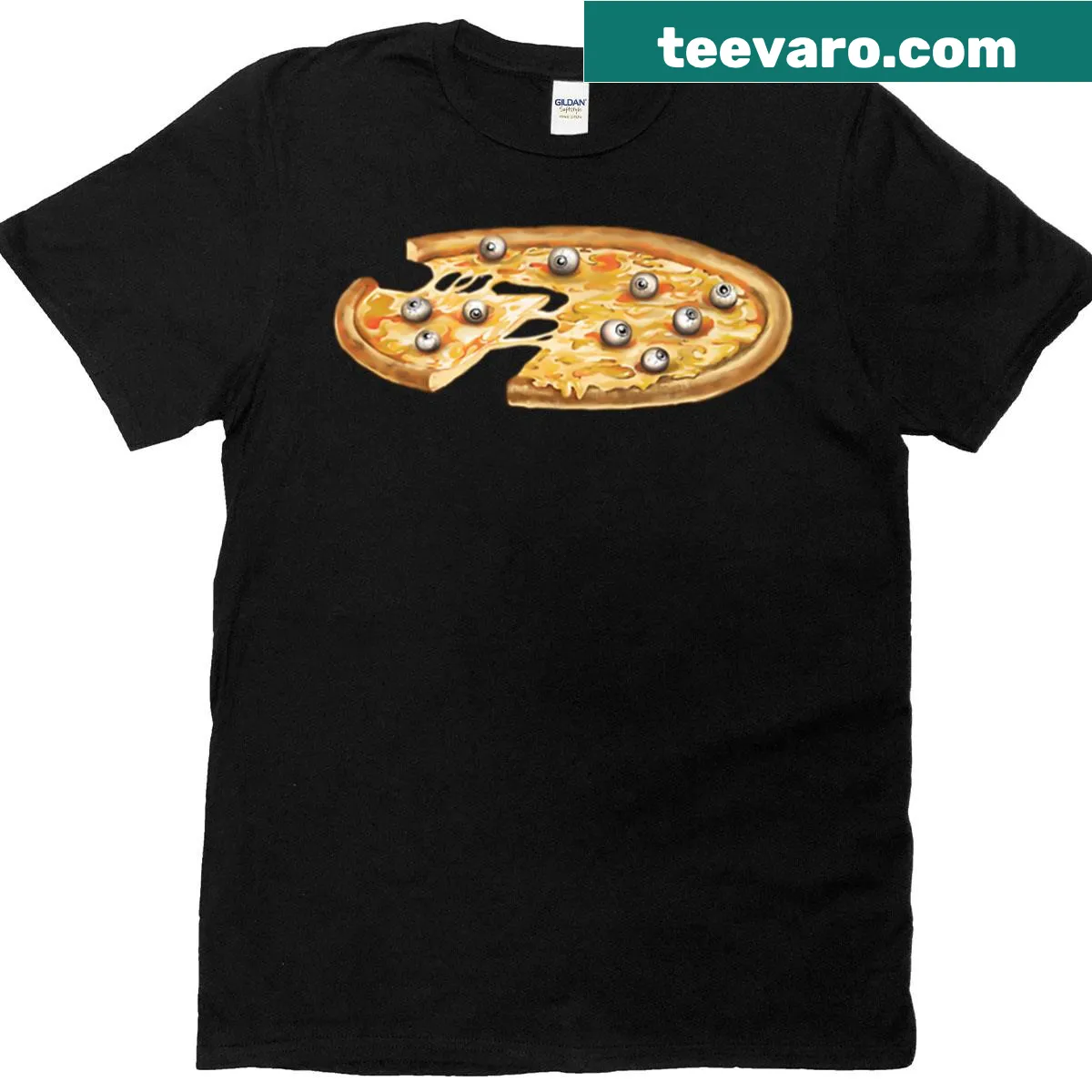 Cartoon pizza slice with eyes graphic on a T-shirt — on a men's t-shirt