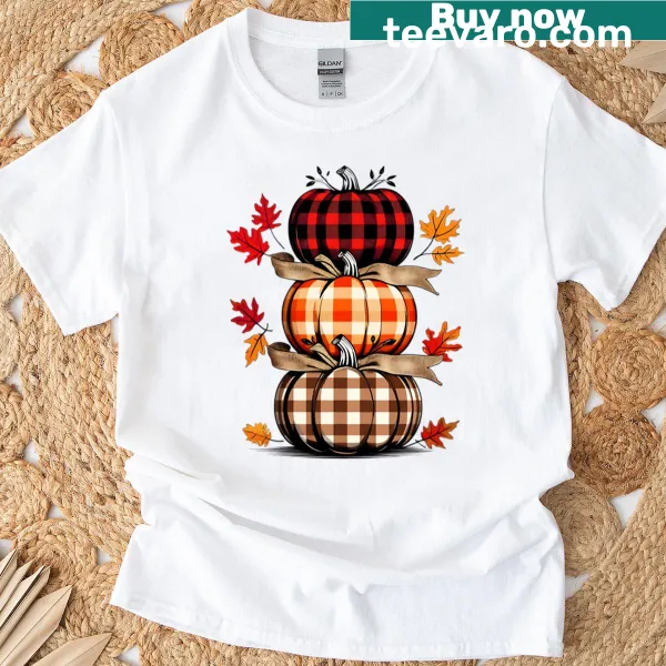 Illustration of plaid pumpkins stacked on a T-shirt