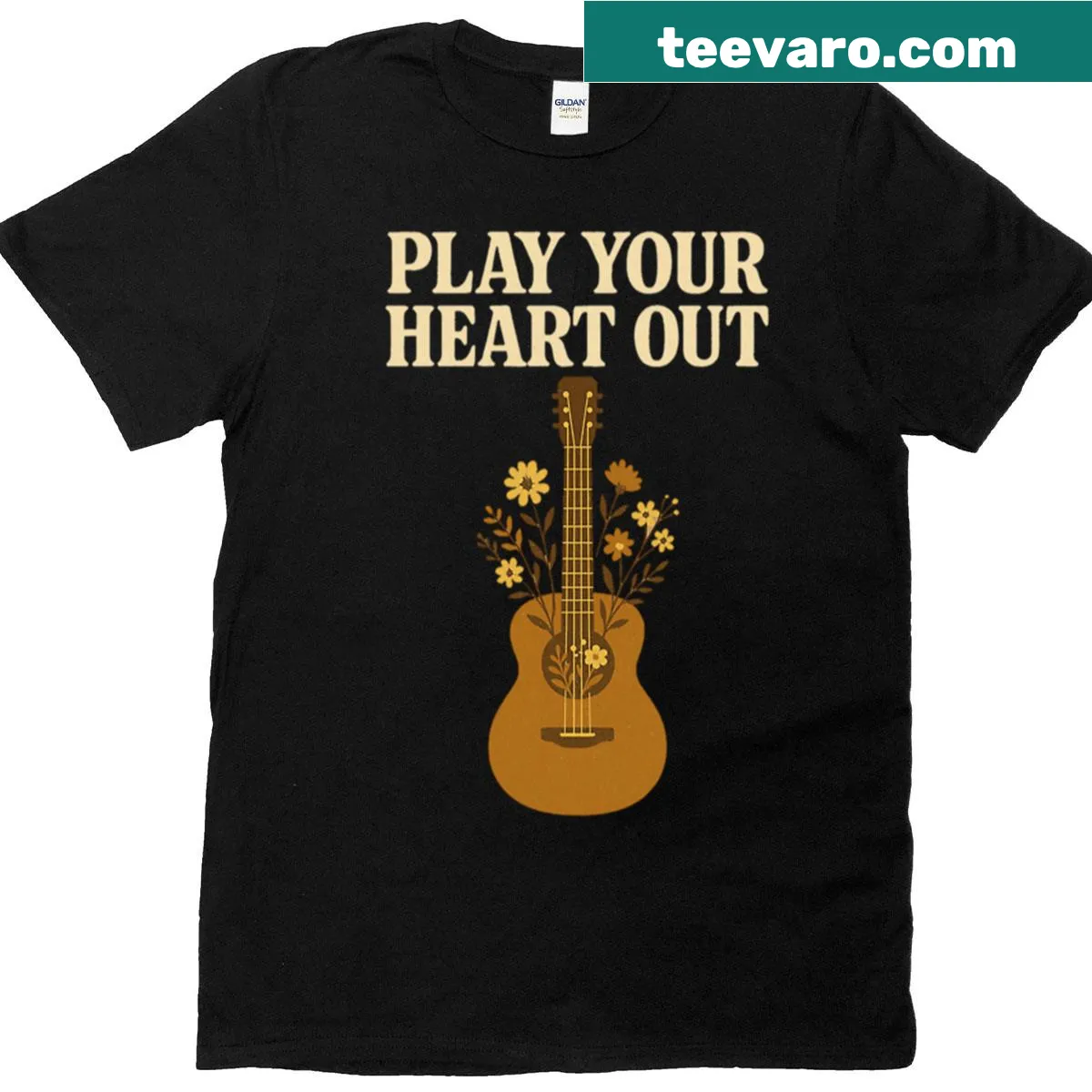 Vintage guitar illustration entwined with wildflowers on t-shirt — on a men's t-shirt