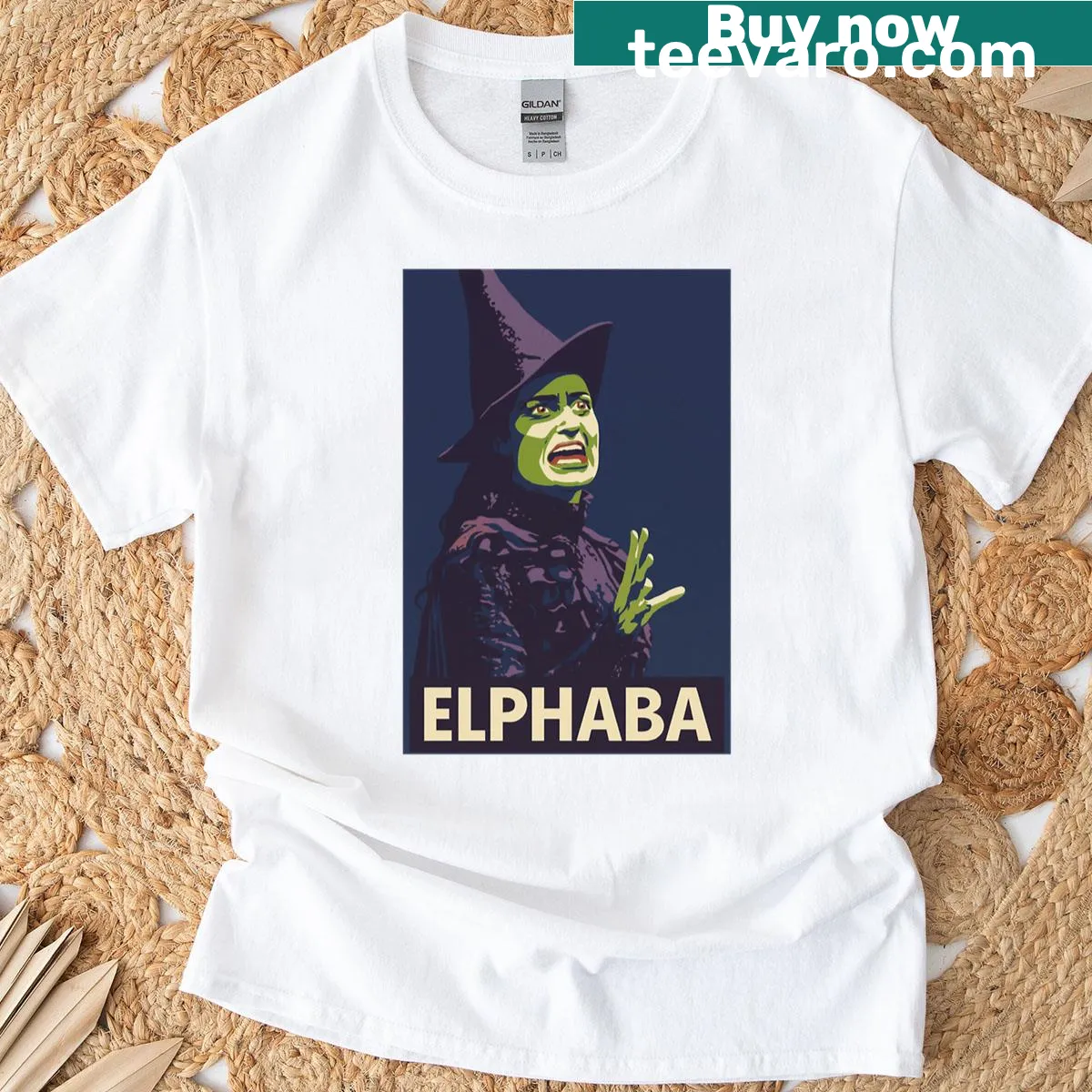 Pop art T-shirt featuring a bold graphic of Elphaba from Wicked — on a men's t-shirt
