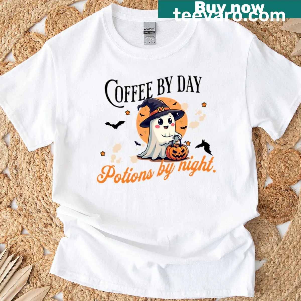 Cute witch ghost with pumpkin Halloween t-shirt — on a men's t-shirt