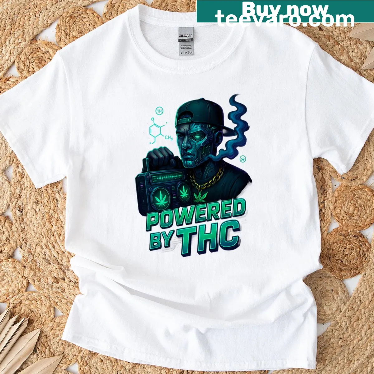 Edgy T-shirt with cyberpunk and hip-hop stoner art design — on a men's t-shirt