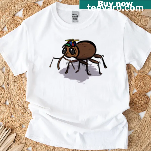 Cartoon weevil with a propeller hat on a t-shirt