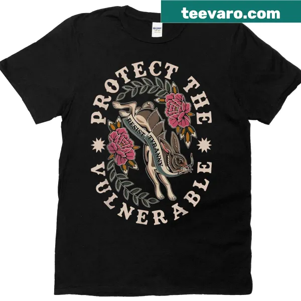 Bold text urging to protect the vulnerable on a t-shirt