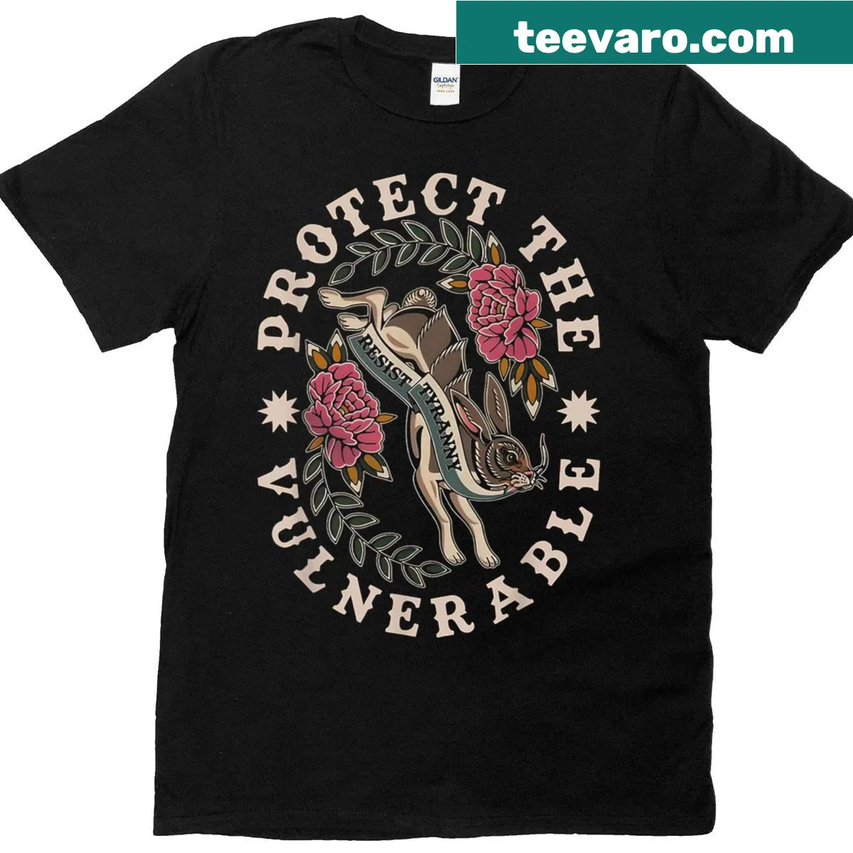 Bold text urging to protect the vulnerable on a t-shirt — on a men's t-shirt