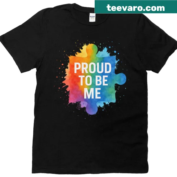 Watercolor rainbow puzzle piece graphic with 'Proud To Be Me' text