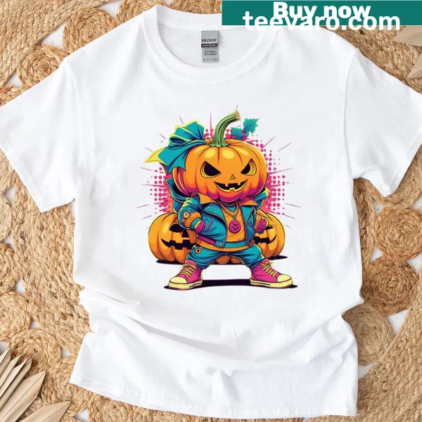 Funny pumpkin head design for Halloween on a t-shirt