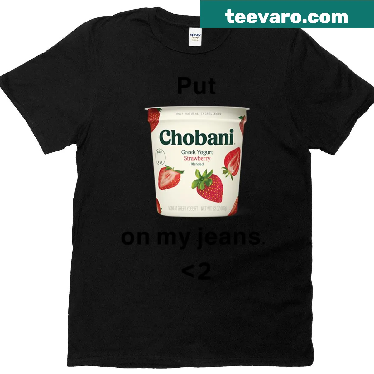 T-shirt with humorous lyrics referencing Chobani and jeans. — on a men's t-shirt