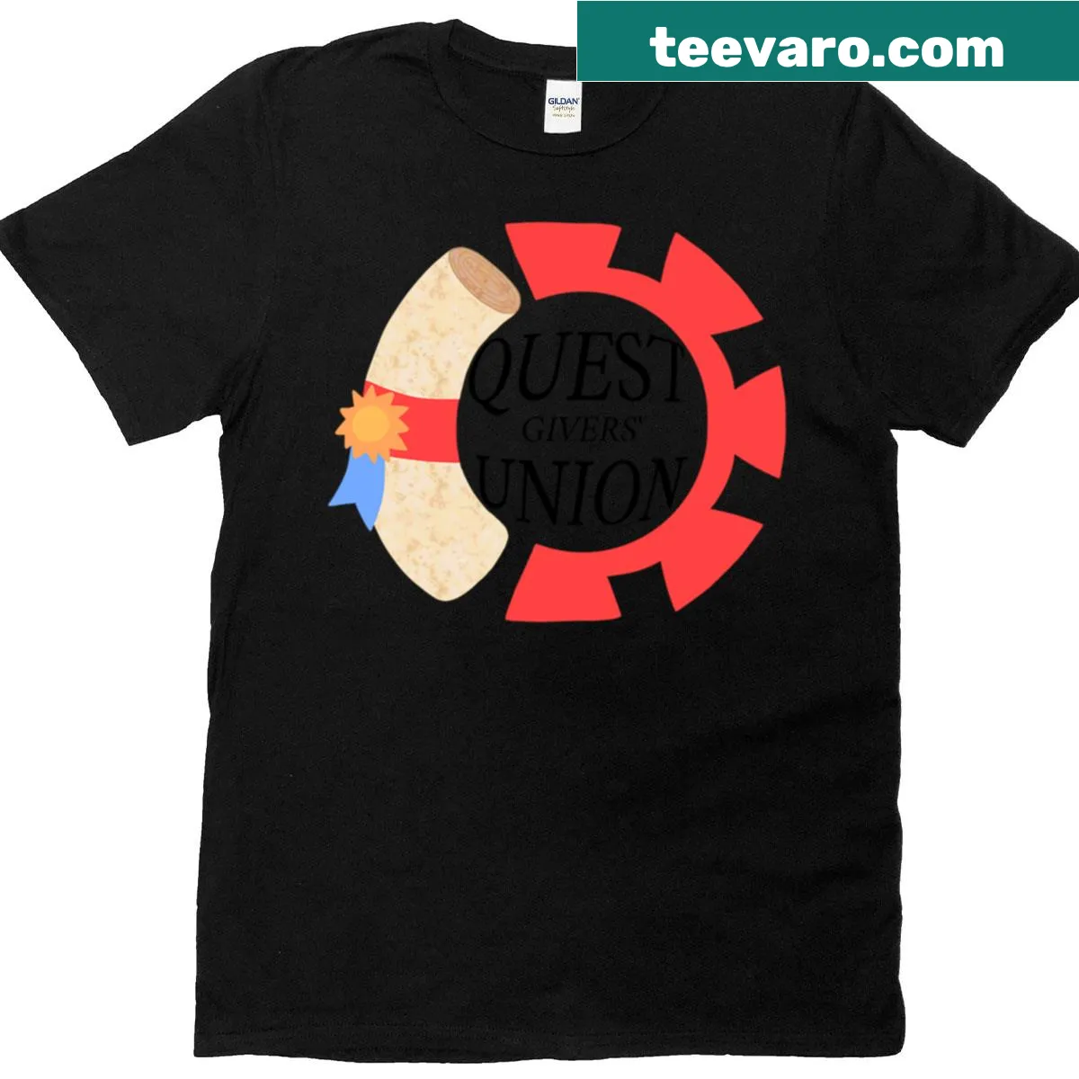 Graphic t-shirt featuring Quest Givers Union design — on a men's t-shirt