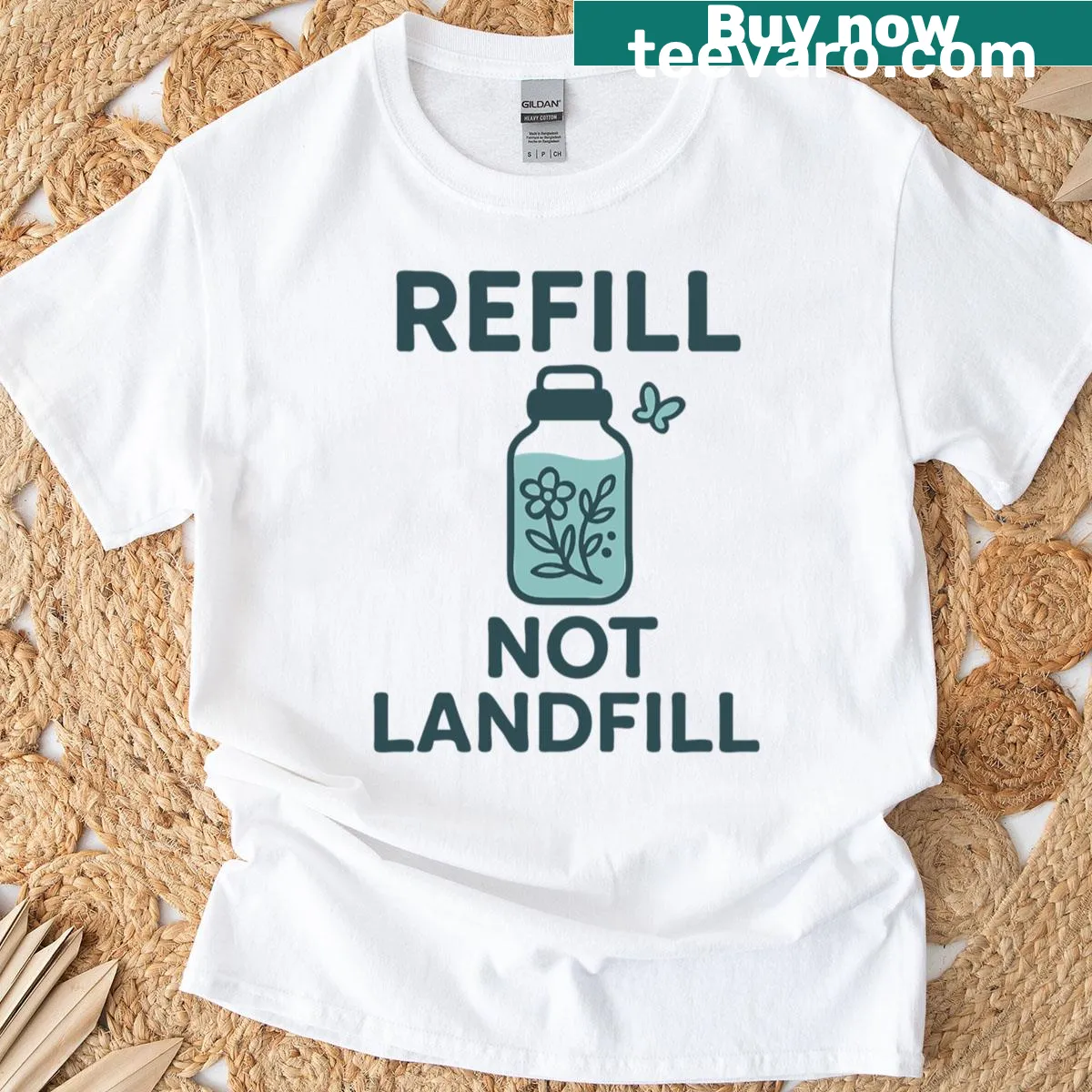 Eco-friendly refill not landfill t-shirt — on a men's t-shirt