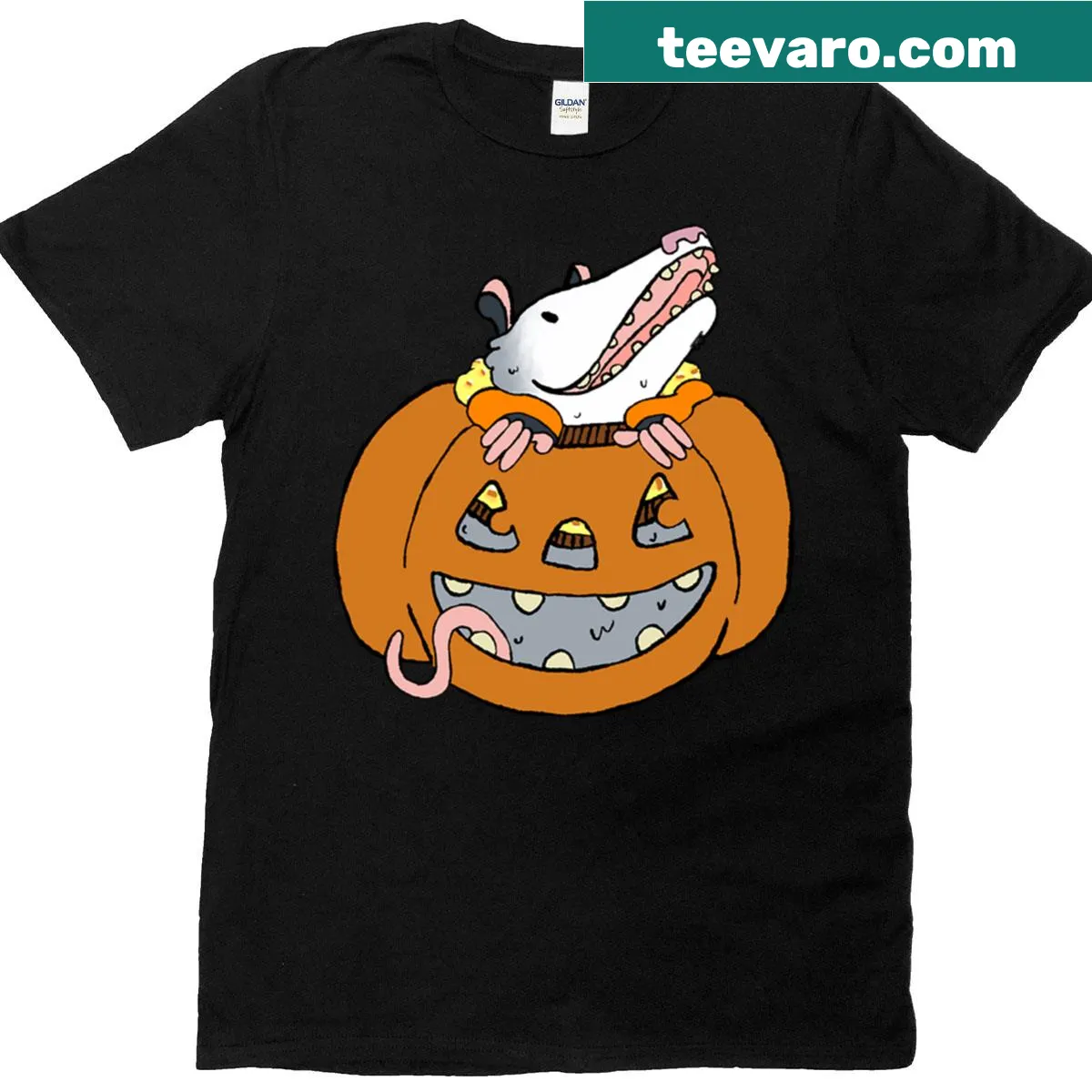Illustration of Reggie the opossum inside a jack-o-lantern for Halloween — on a men's t-shirt