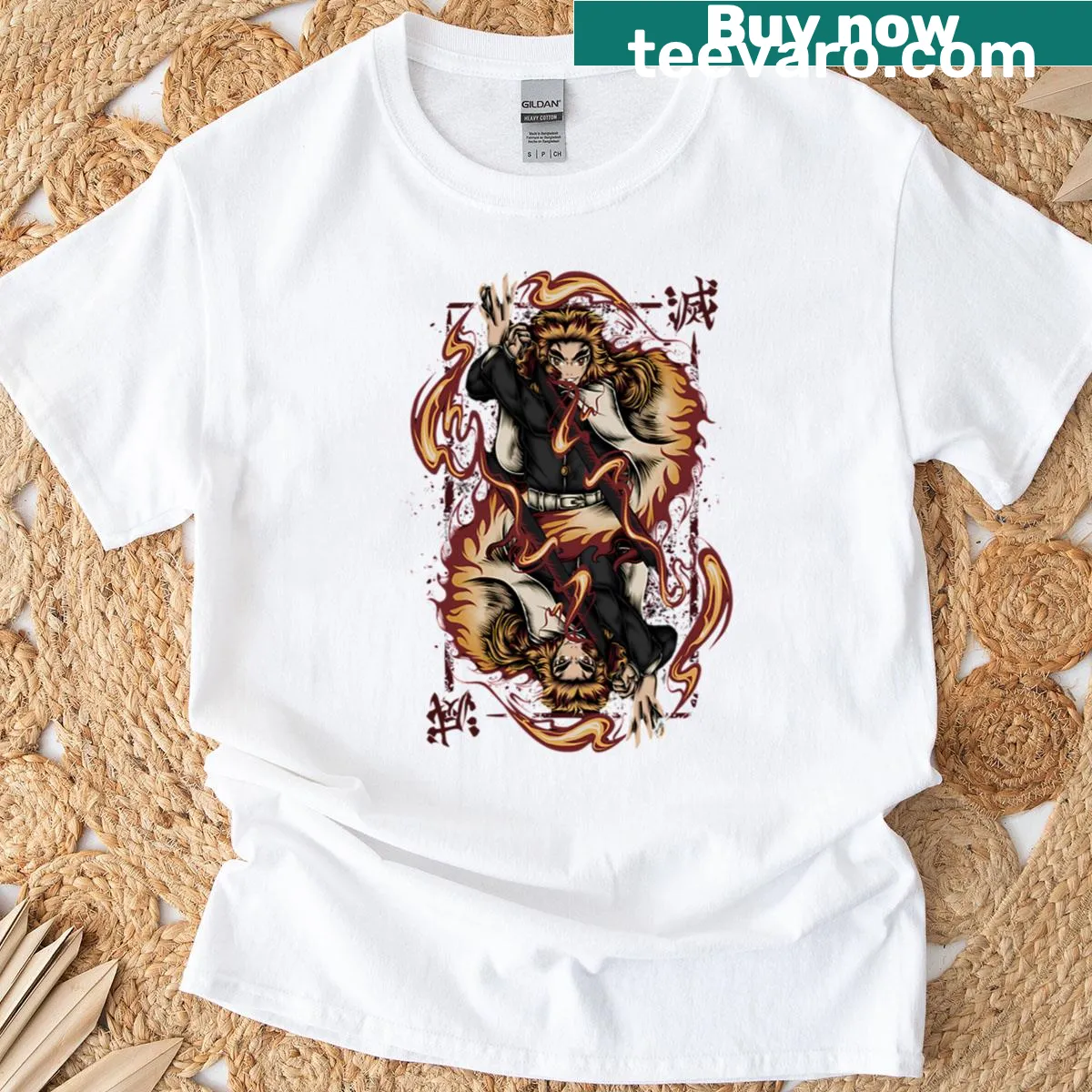 Illustrated Rengoku Kyojuro design on anime-themed t-shirt — on a men's t-shirt
