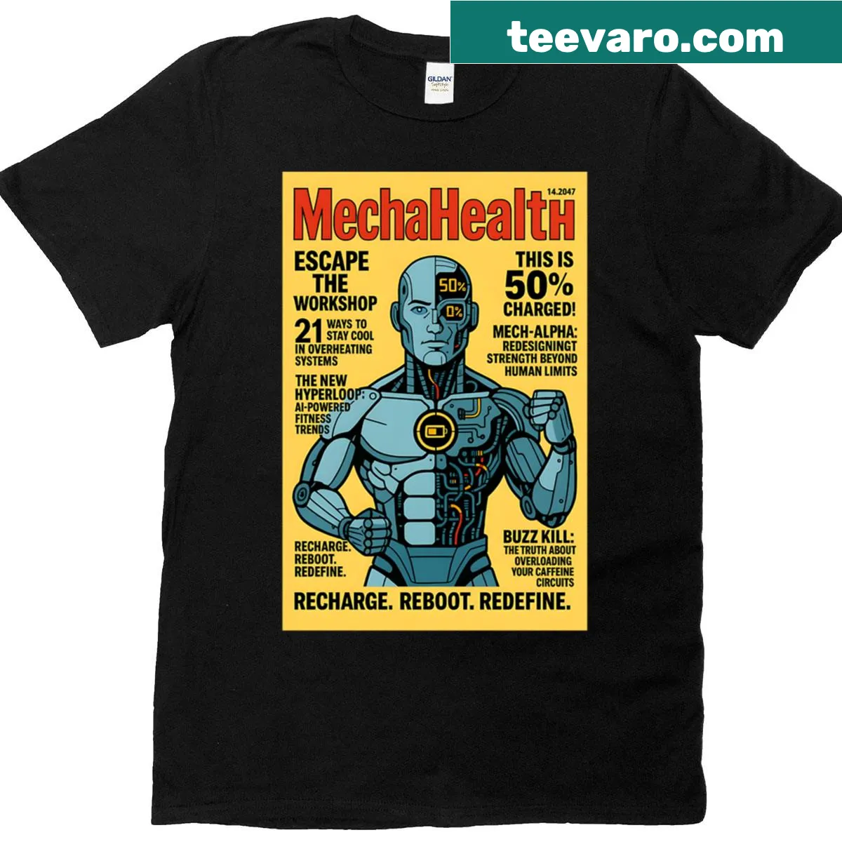 Vintage magazine cover t-shirt featuring a retro futuristic robot. — on a men's t-shirt