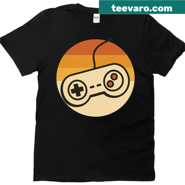 Retro gaming controller logo printed on a vintage-style T-shirt