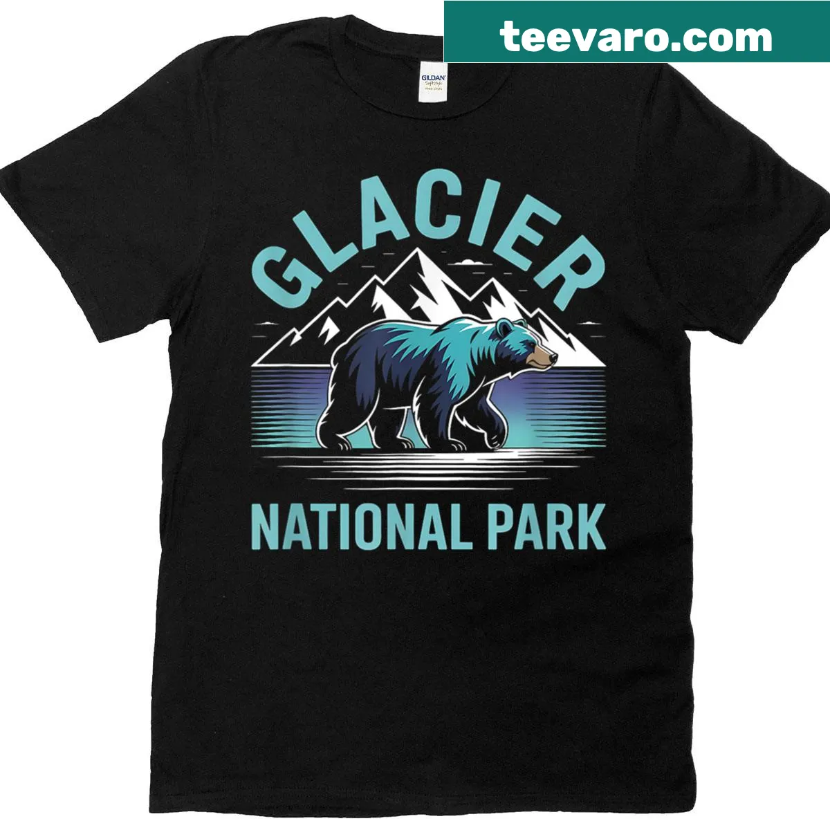 Illustration of a grizzly bear with Glacier National Park background on a T-shirt — on a men's t-shirt