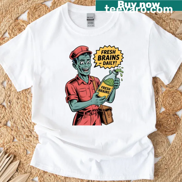Zombie delivery man with bottle of fresh brains T-shirt