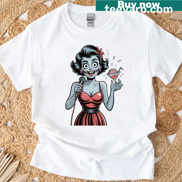 Retro T-shirt featuring a zombie jazz singer with a brain cocktail