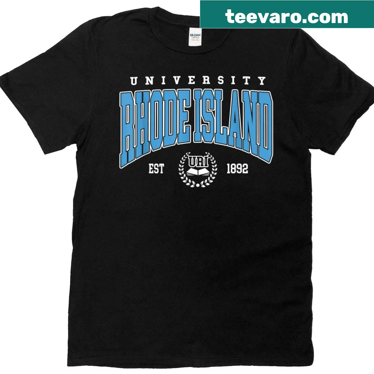Vintage-style Rhode Island University T-shirt with arch design — on a men's t-shirt