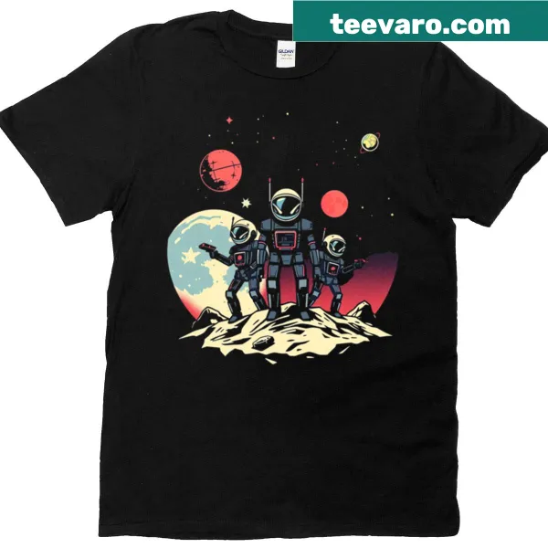 Illustrated T-shirt featuring robots on the moon