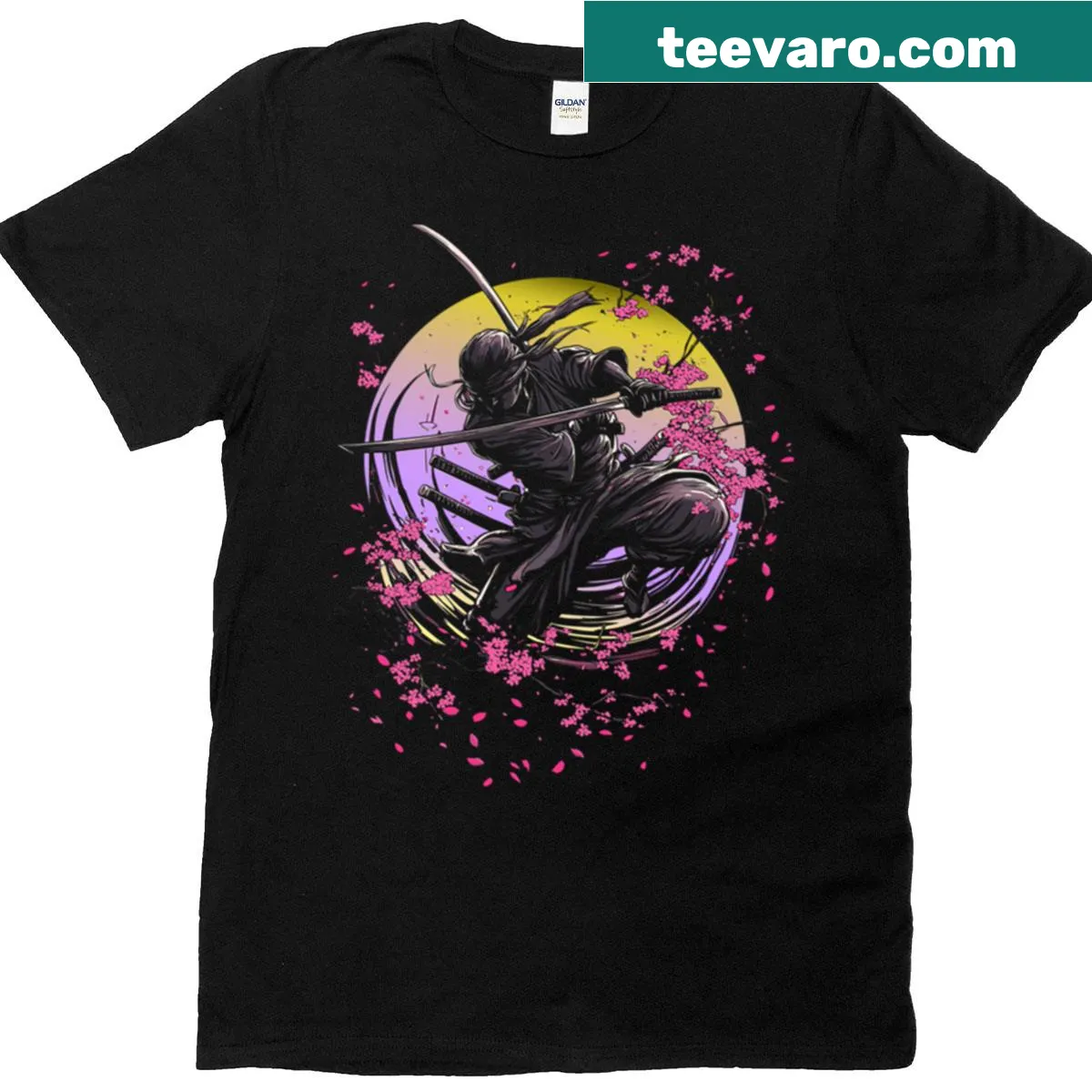 T-shirt featuring a samurai design intertwined with sakura blossoms. — on a men's t-shirt