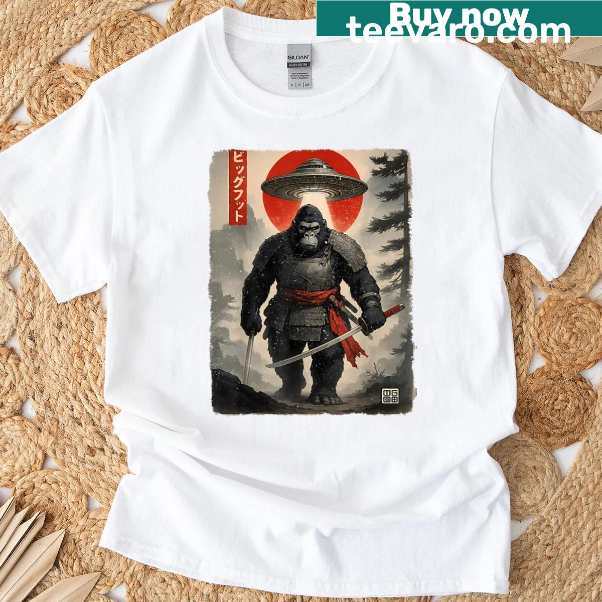 Samurai Bigfoot design inspired by Ukiyo-e art on a vintage tee — on a men's t-shirt