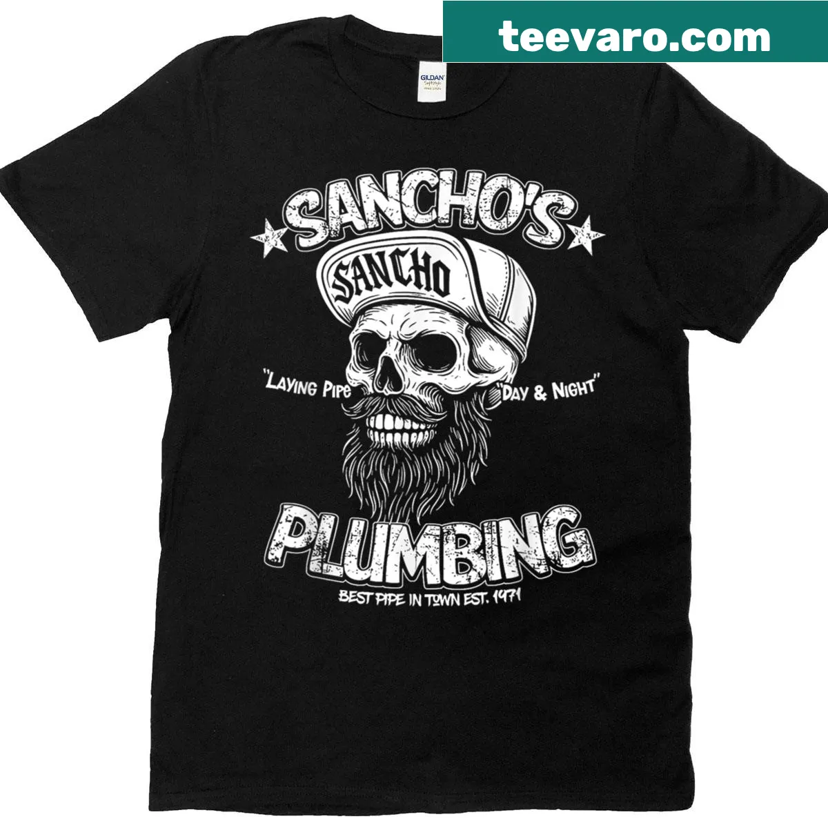 Funny T-shirt with a skeleton plumber design laying pipe — on a men's t-shirt