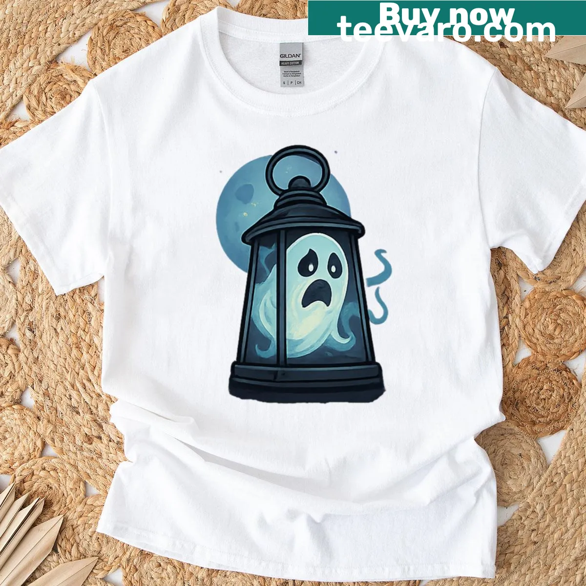 T-shirt featuring a scary ghost inside a glowing lantern — on a men's t-shirt