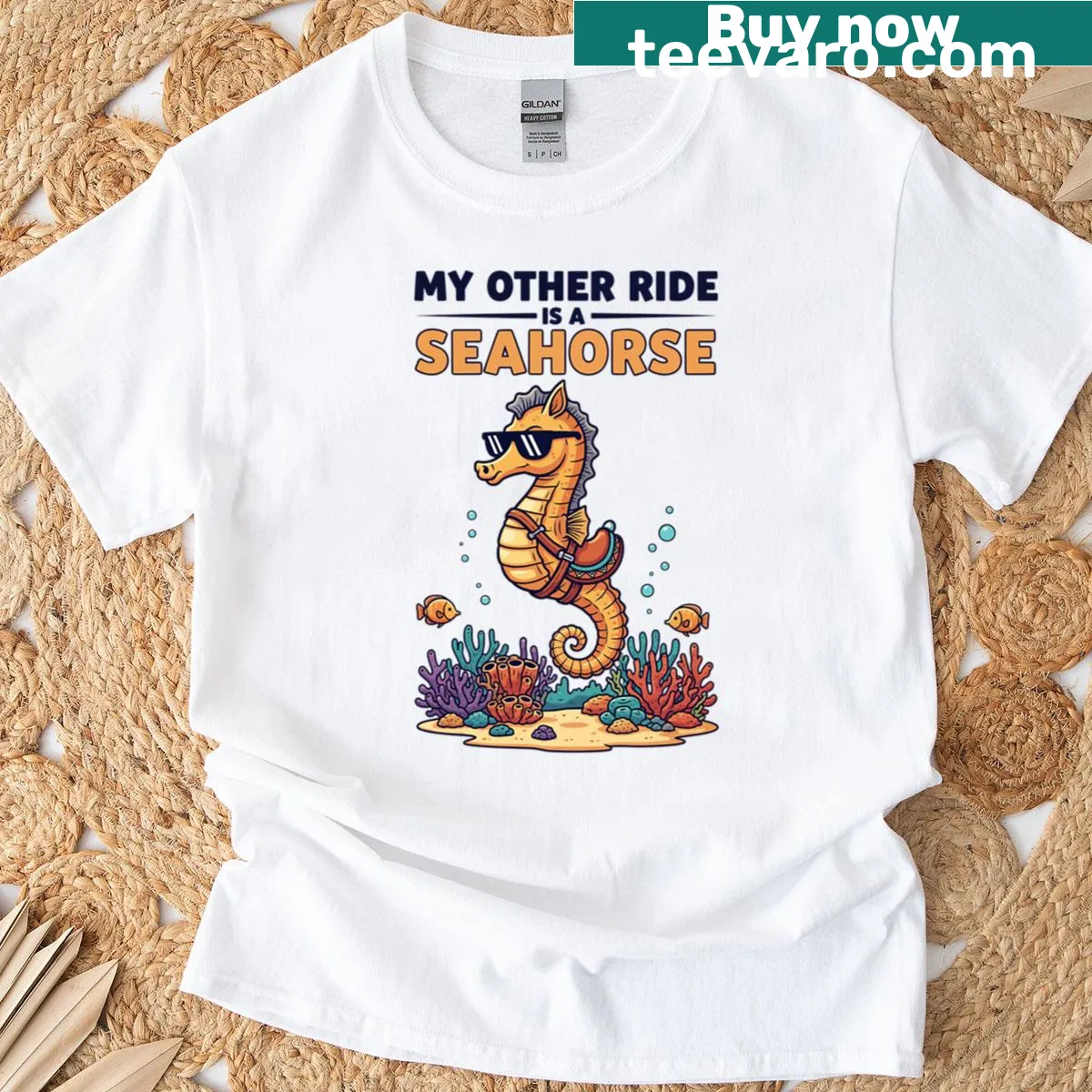 Whimsical T-shirt featuring a seahorse riding adventure illustration — on a men's t-shirt