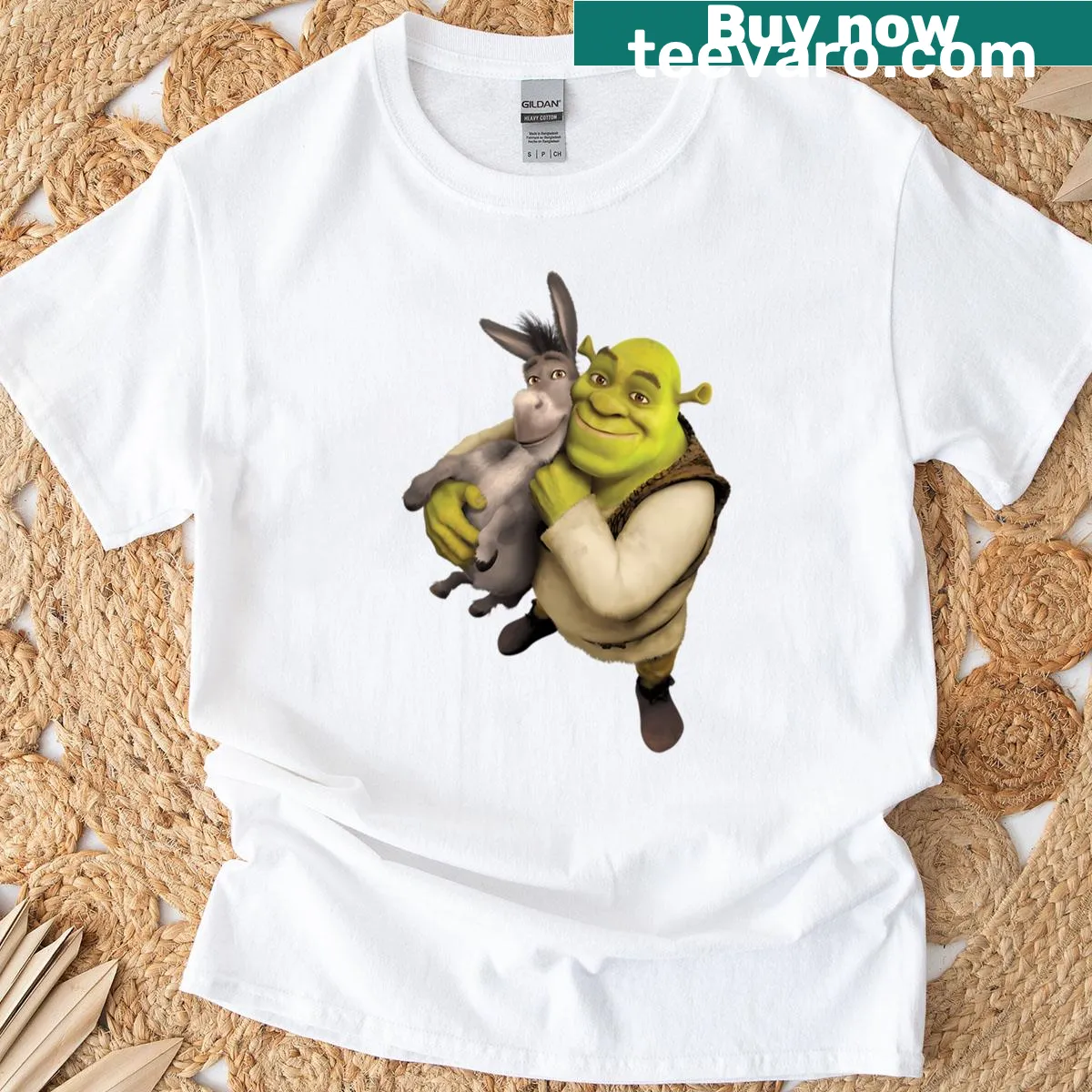 Graphic t-shirt featuring Shrek and Donkey from the animated series — on a men's t-shirt