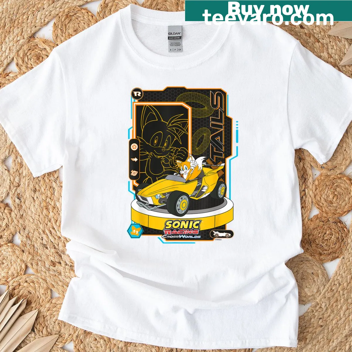 Playful Tails graphic from Sonic Racing on a t-shirt — on a men's t-shirt