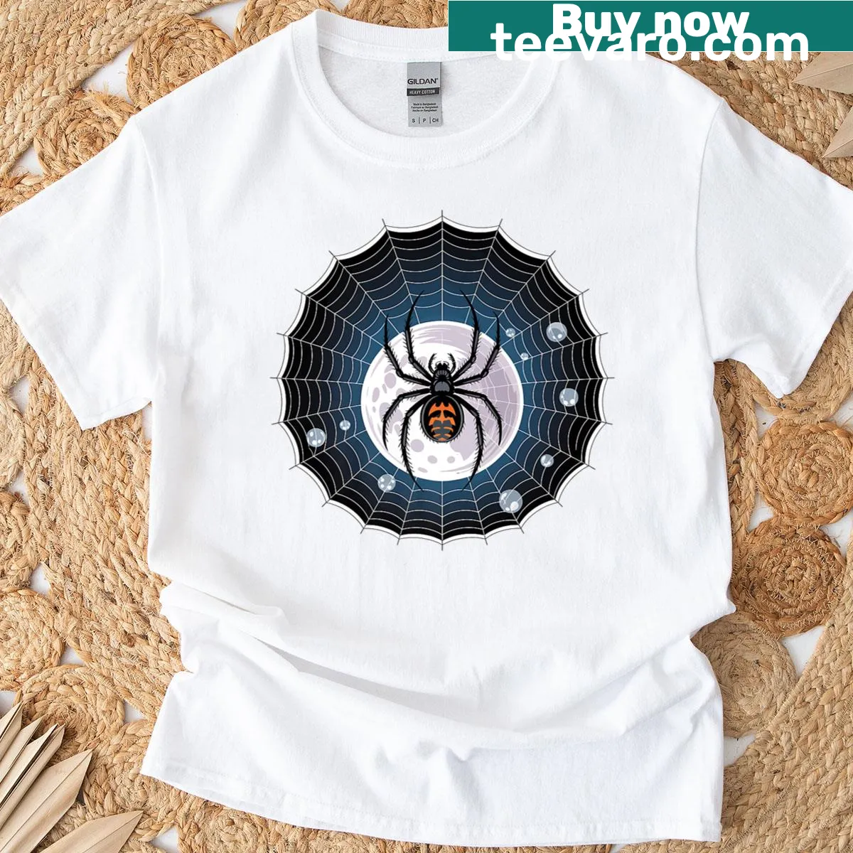 Gothic T-shirt featuring a spider and moon design — on a men's t-shirt