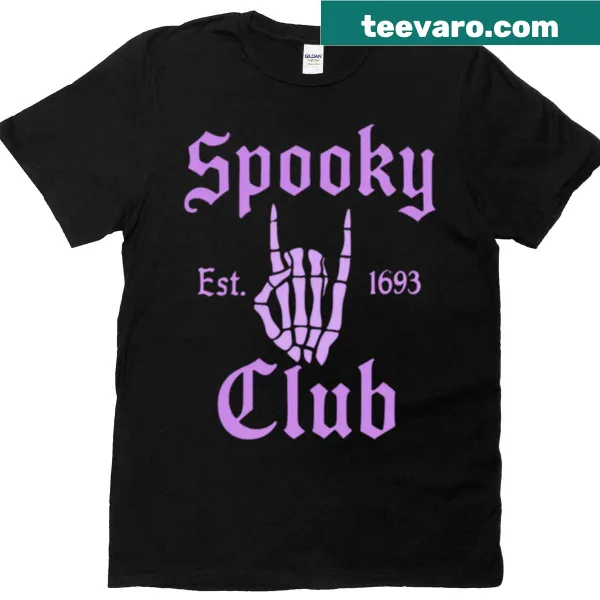 Cartoon skeleton hand with spooky club theme on T-shirt