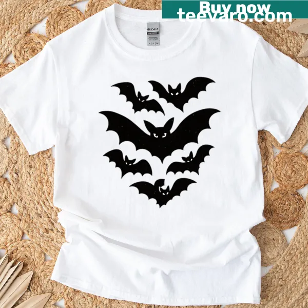 Illustrated T-shirt featuring spooky flying bats for Halloween