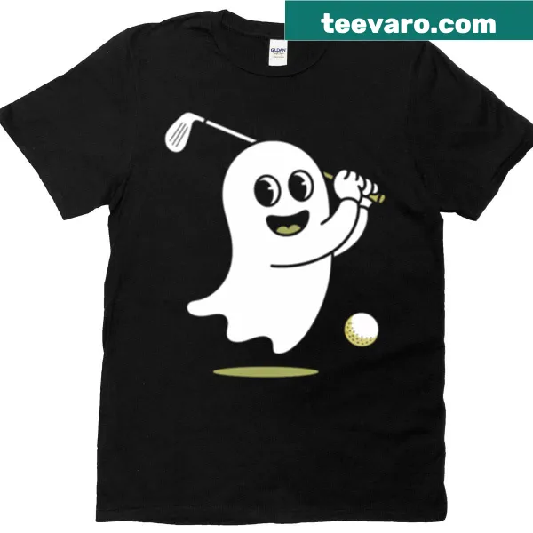 Retro Halloween T-shirt with a spooky ghost playing golf