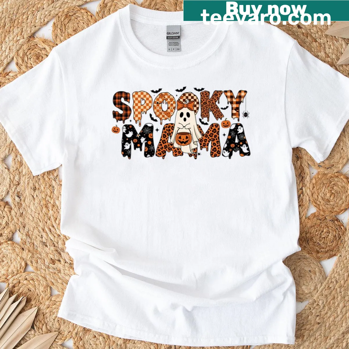 Cute Halloween ghost design with leopard plaid for moms — on a men's t-shirt