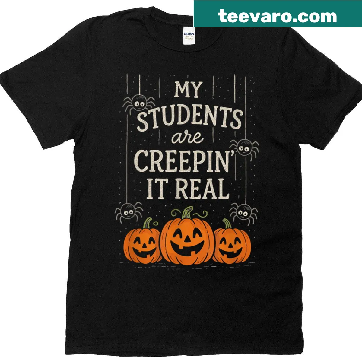 Playful spooky design with characters on student Halloween T-shirt — on a men's t-shirt