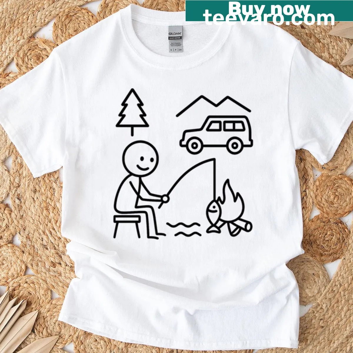 Playful stick figure 4WD camping design on a casual T-shirt — on a men's t-shirt