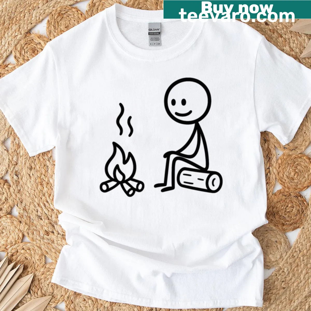 Minimalist stick figure design of a campfire and camping scene — on a men's t-shirt