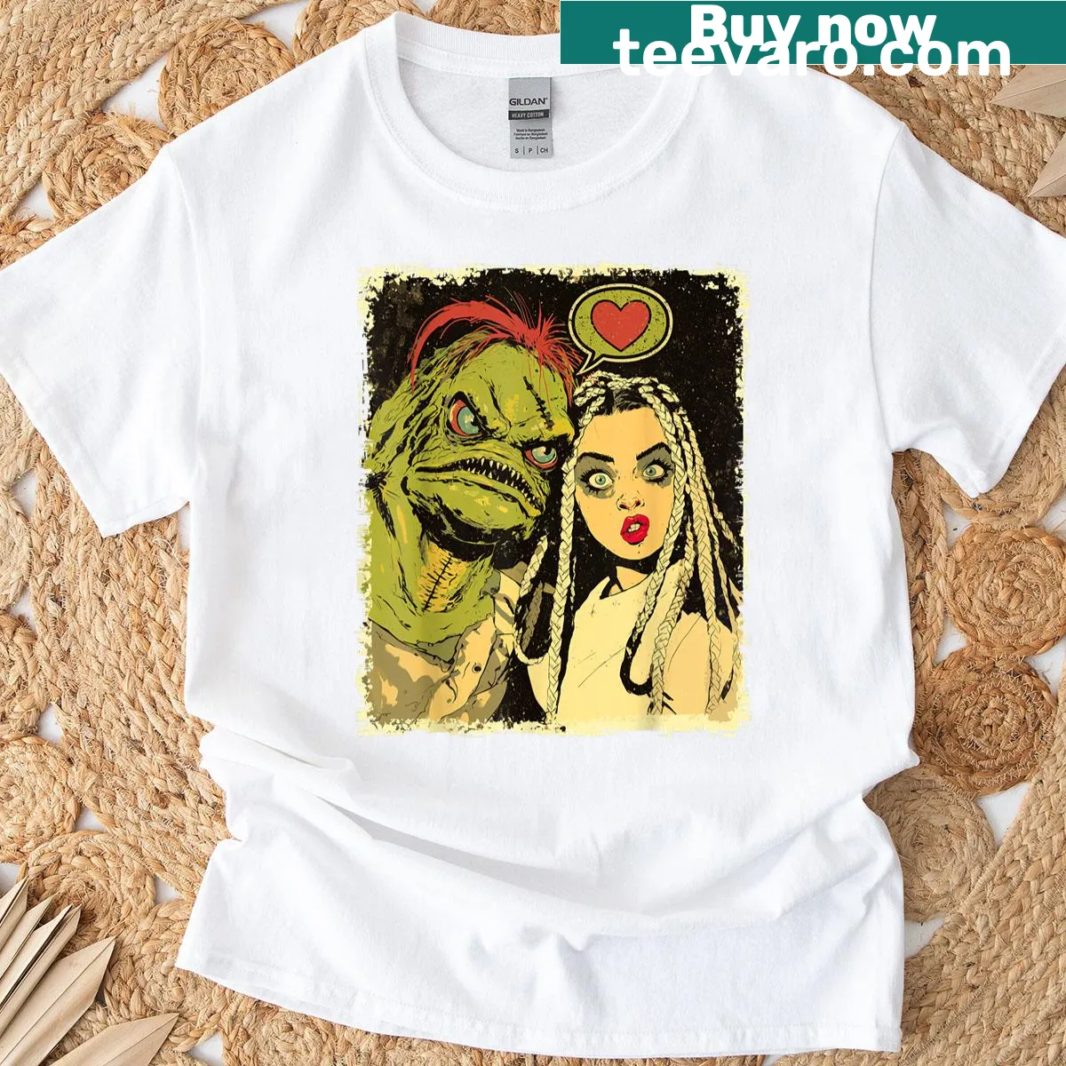 Cute stitched monster graphic t-shirt with a love theme — on a men's t-shirt