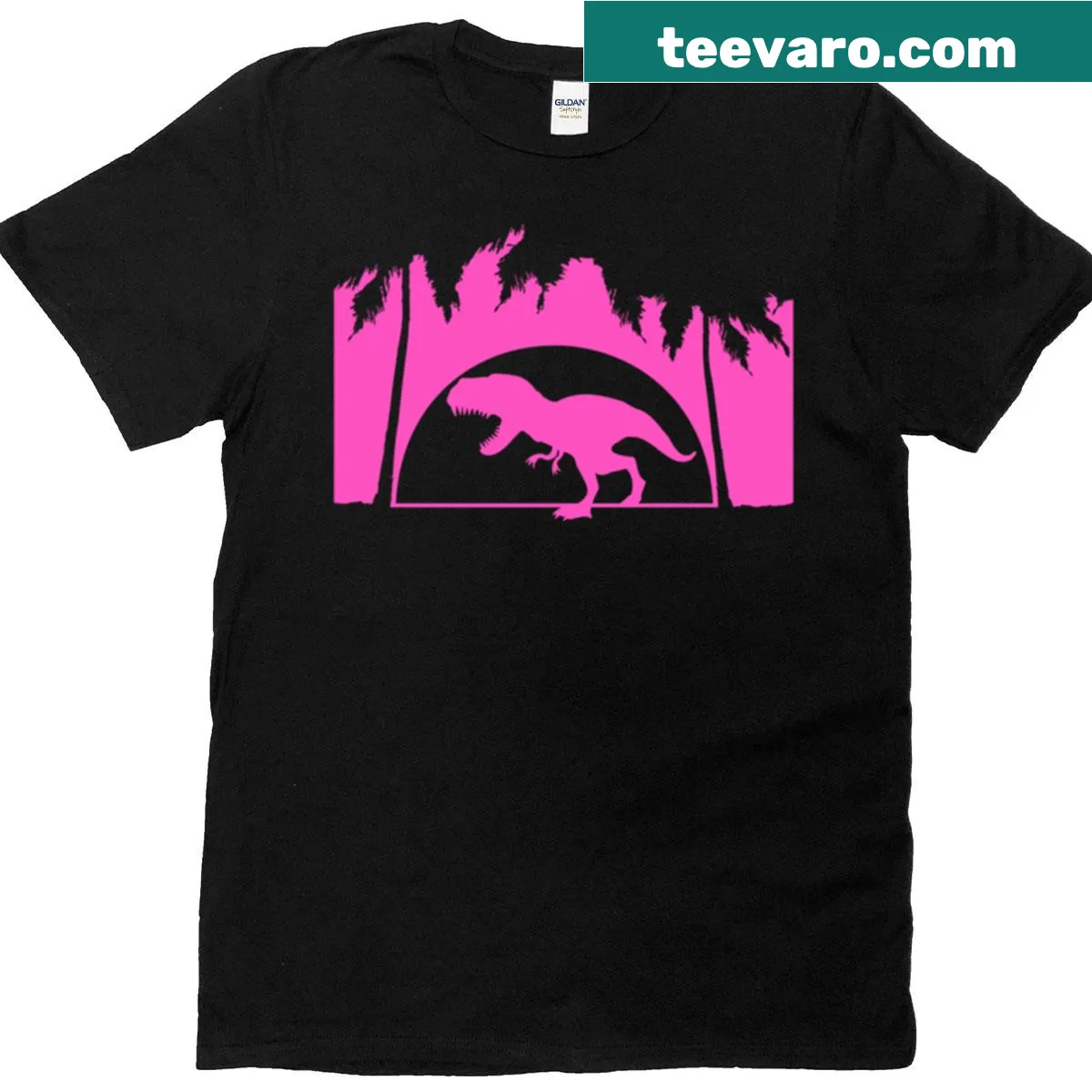 Funny T-shirt featuring a T-rex enjoying a beach day with palm trees. — on a men's t-shirt