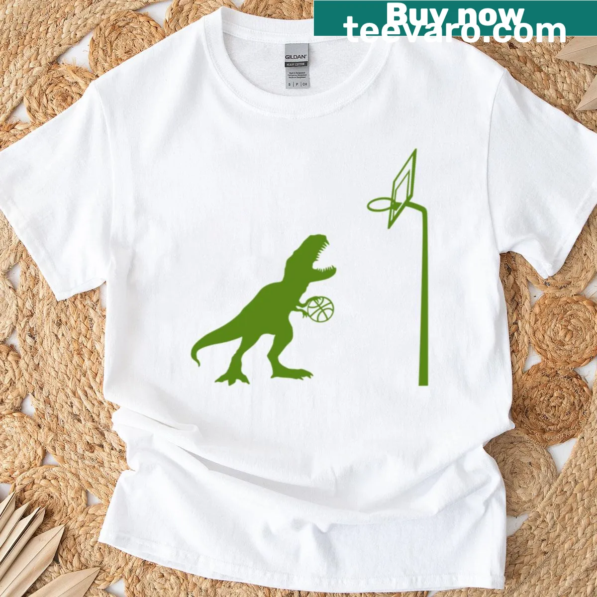 T-rex playing basketball graphic T-shirt — on a men's t-shirt
