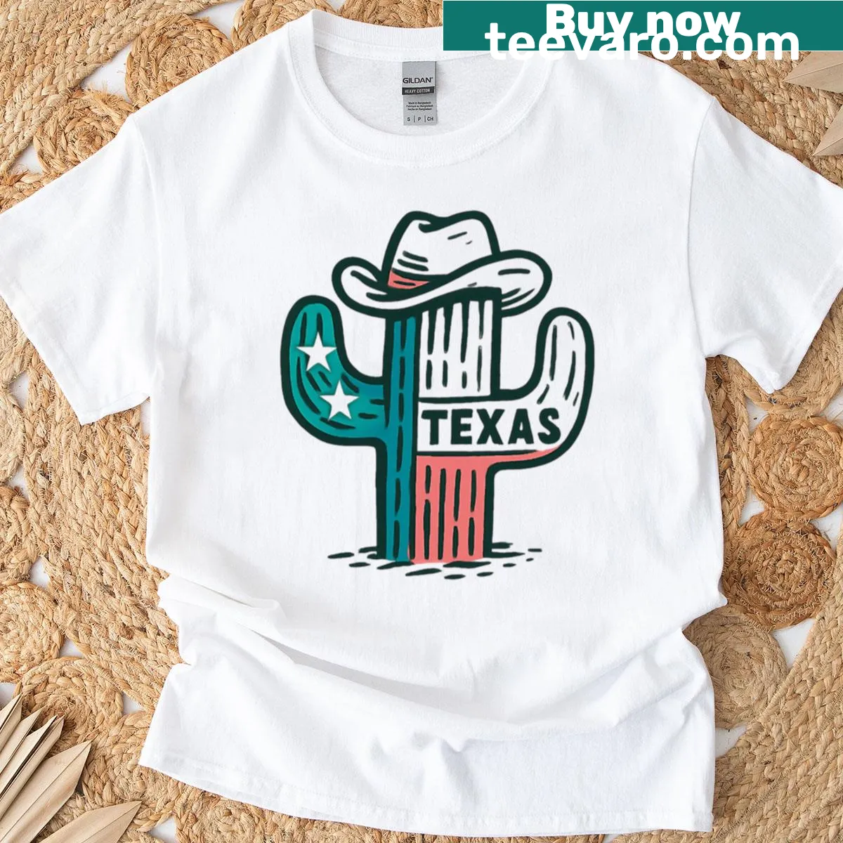 Illustration of a Texas cactus wearing a cowboy hat — on a men's t-shirt