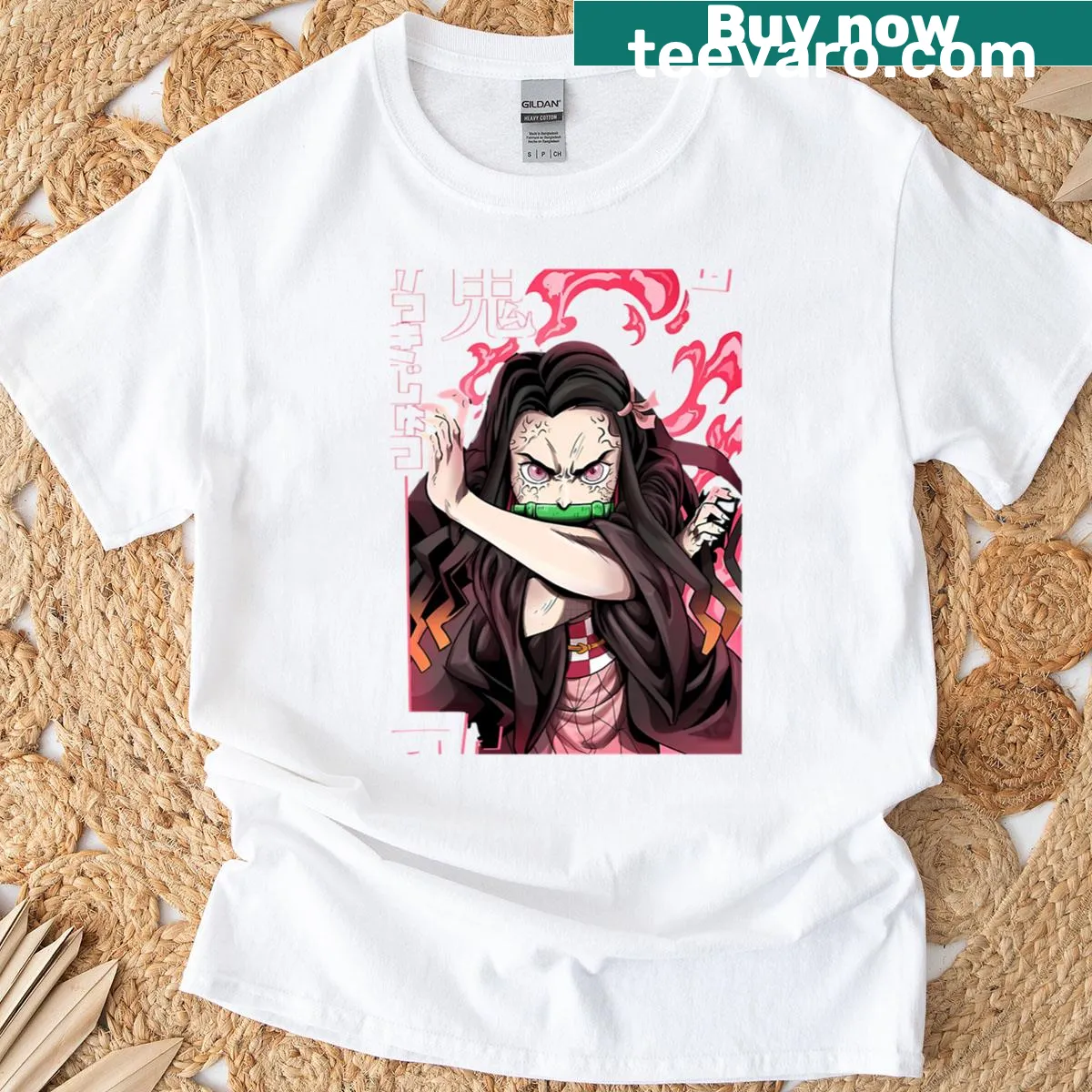 Illustration of Nezuko from anime on a fan t-shirt — on a men's t-shirt